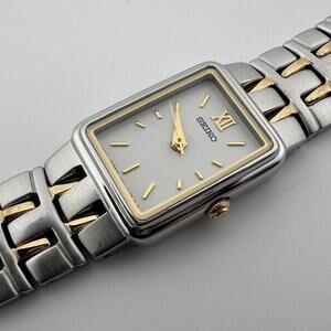 Seiko Tank Womens Two Tone White Dial Quartz Bracelet Watch 1N01 5D60